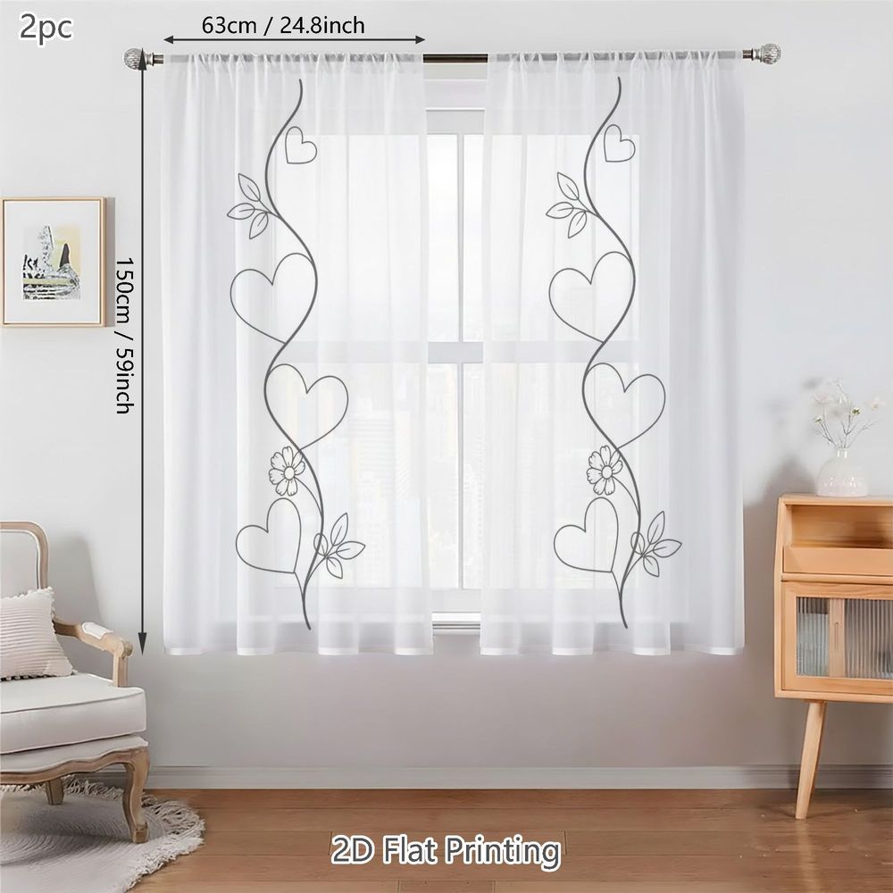 TEMU Plat 2D, 2pcs Rideaux Voilages Printemps Été, Motif de Noire et Blanche avec Cœurs et Feuilles, pour Salons, Chambres, à Manger, Cuisines,