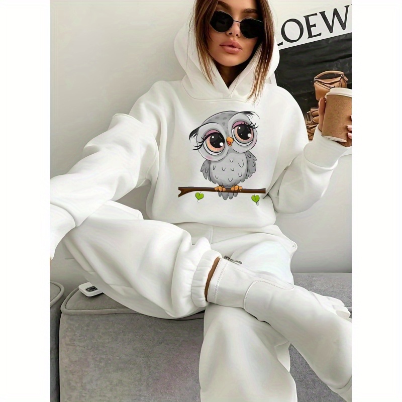 

1set Adorable Owl Women's Hooded Sweatshirt And Joggers Set, Long Sleeve Knit Fabric Polyester, Fall/winter Animal Pattern Loungewear