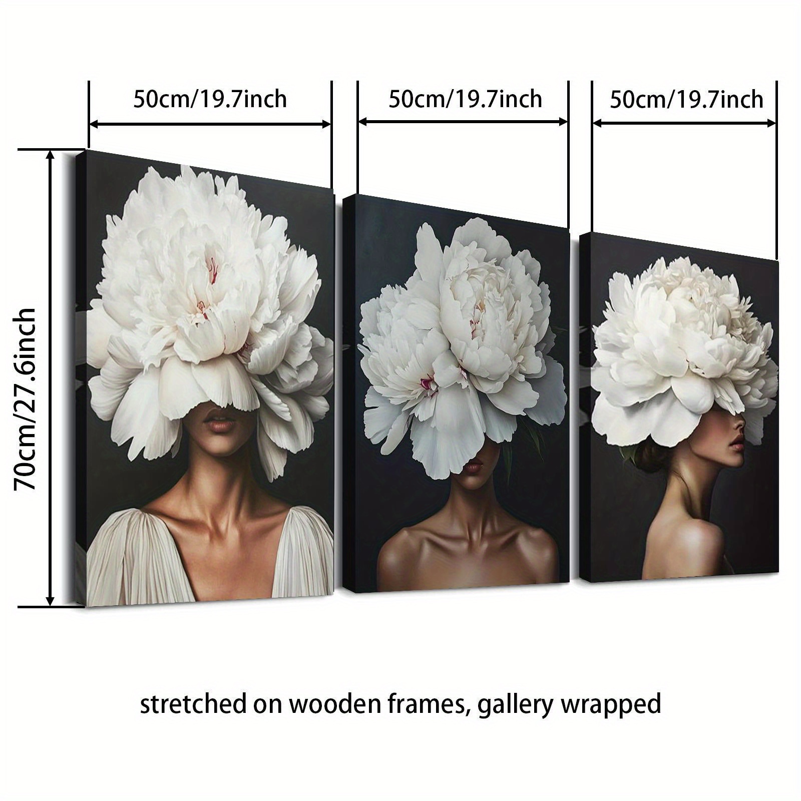 TEMU 2D Piatto, 3 pezzi di stampa su tela con cornice in legno, Elegante donna con gigantesca peonia , murale femminile, Decorazione e lussuosa per