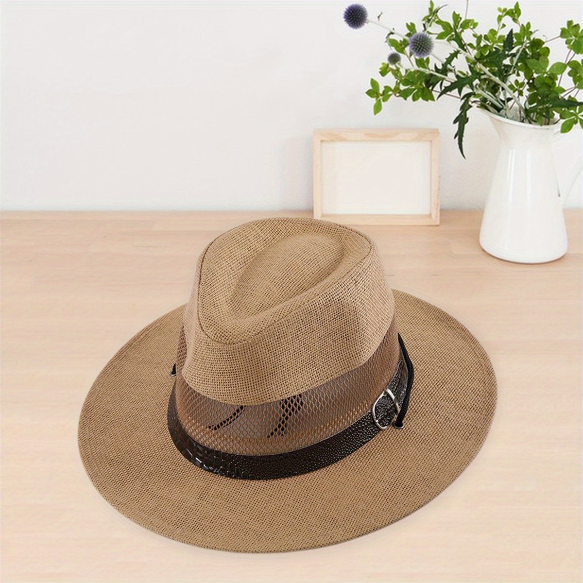 stylish unisex straw fedora hat breathable mesh black belt Temu