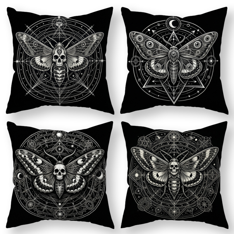 TEMU 4pcs Gothic Throw Pillow Covers With Moth & Print - Black White Decorative Cushion Cases Suitable For Sofa, Bed, Chair, Zipper Closure, Machine