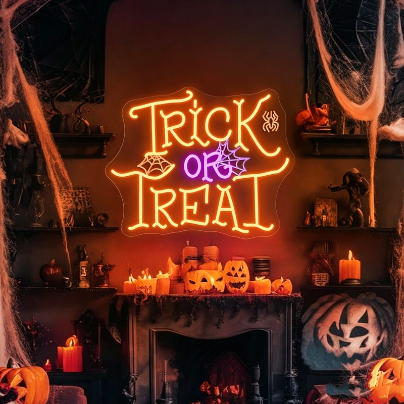 TEMU Trick Or Treat Spiderweb Neon Sign, Halloween Led Neon Light, Home Shop Bar Wall Decor Spooky Halloween Party Sign, Halloween Gift