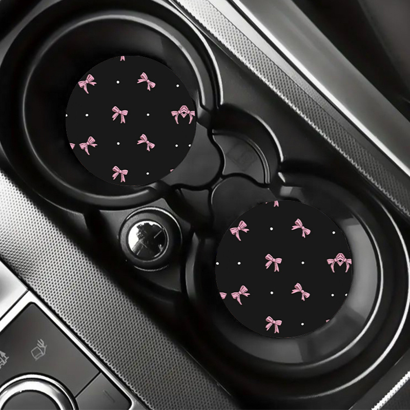 TEMU 2pcs Pink Bow Pattern Acrylic Car Coasters, Non-slip, Waterproof, Durable, Suitable For Car, Office, And Home Desk Cup Mats