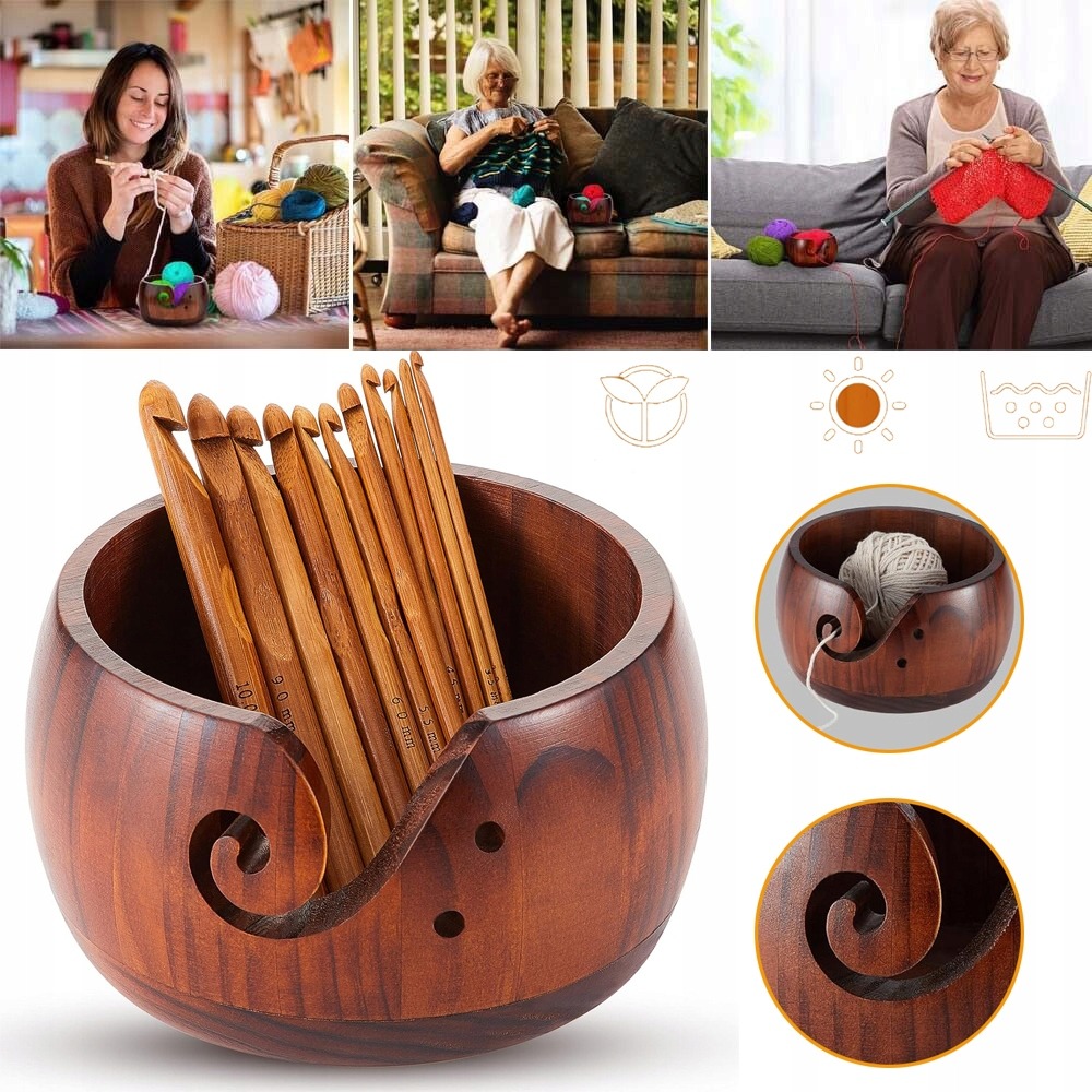 Image of 12pcs Compatible For: Wooden Yarn Bowl Holder With Crochet Hooks - Wood Yarn Dispenser & Storage Bowl, Craft For Knitters & Crocheters, Portable Yarn Storage Suitable For Knitters & Crocheters