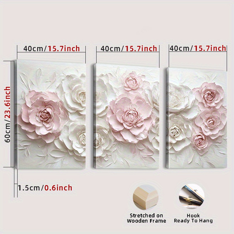 E-shop 2D Flacheffekt, gerahmt, 3-teilige moderne abstrakte Rosa-Weiß Blumen Leinwand Wandkunst mit 2D ­texturierten Rosen – ideal für ­Wohnzimmer und