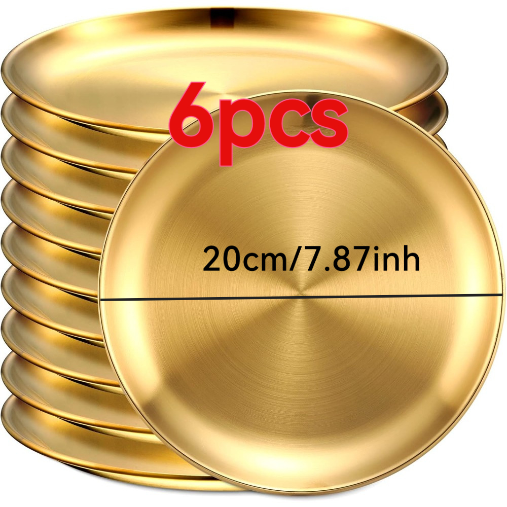 TEMU 6-teiliges Set Runde Goldene Tabletts 7,87 Zoll Edelstahl Goldene Desserttabletts Wiederverwendbare Campingtabletts Arbeitsplattentabletts