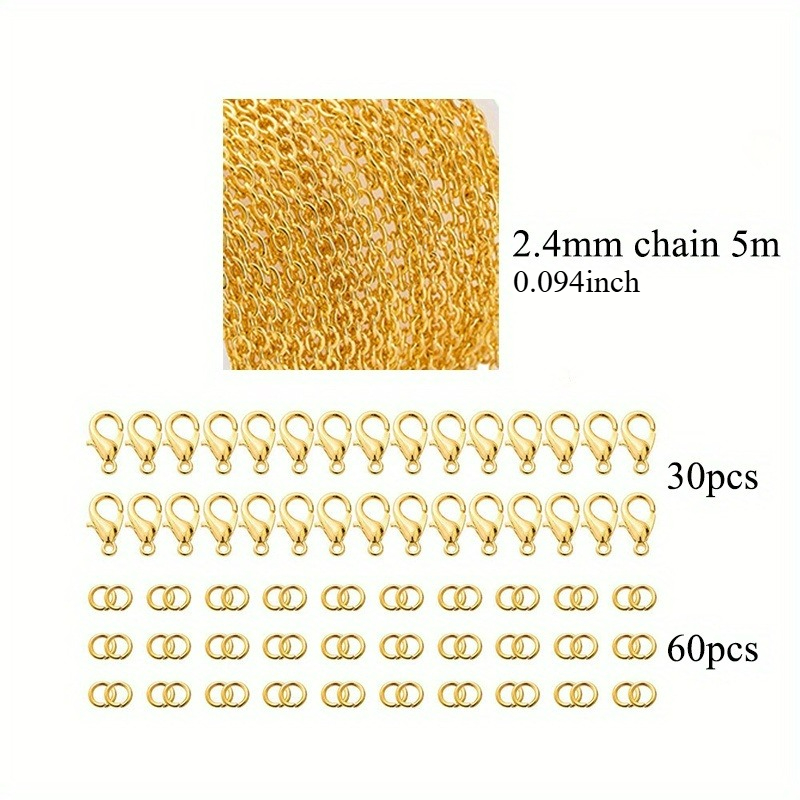 TEMU Kit de material de cadena de cable de 2.4 mm y 4.5 mm/5 m + 30 cierres de langosta + 60 argollas para hacer collares, pulseras y accesorios de