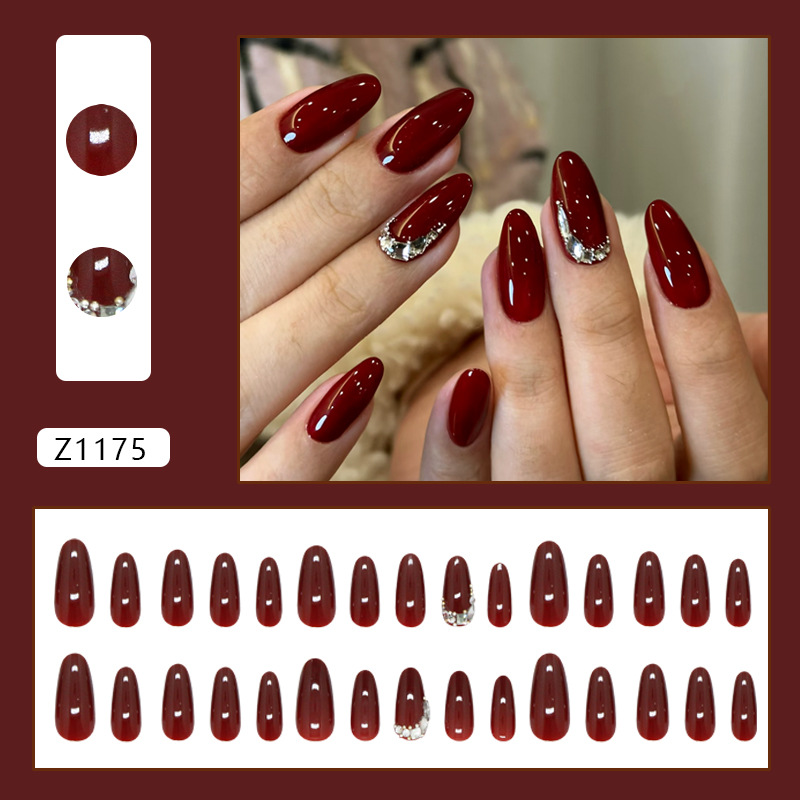 TEMU 30pcs Vintage Burgundy Almond-shaped Press-on Nails Sparkling Easy Removable