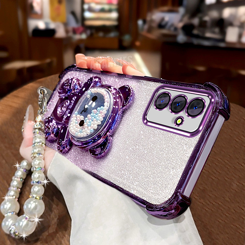 TEMU Étui téléphone : Chaîne lanière perle pailletée, bracelet poignet , support pliant perles sable mouvant, protection - luxe dégradé pour Galaxy
