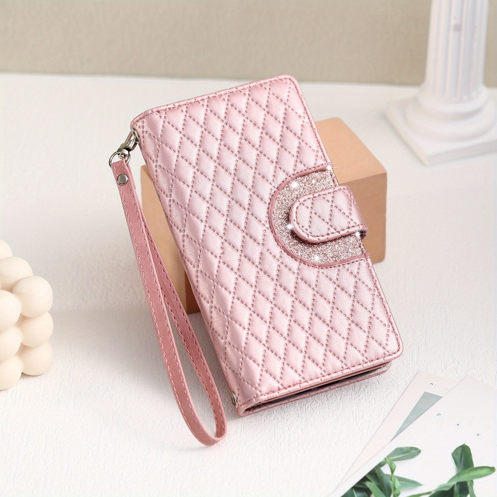 TEMU Phone Case: Rose Golden Loose Powder Pattern With Short Rope Synthetic Leather Mobile Phone Synthetic Leather Case Retro Sequins Phone Case For