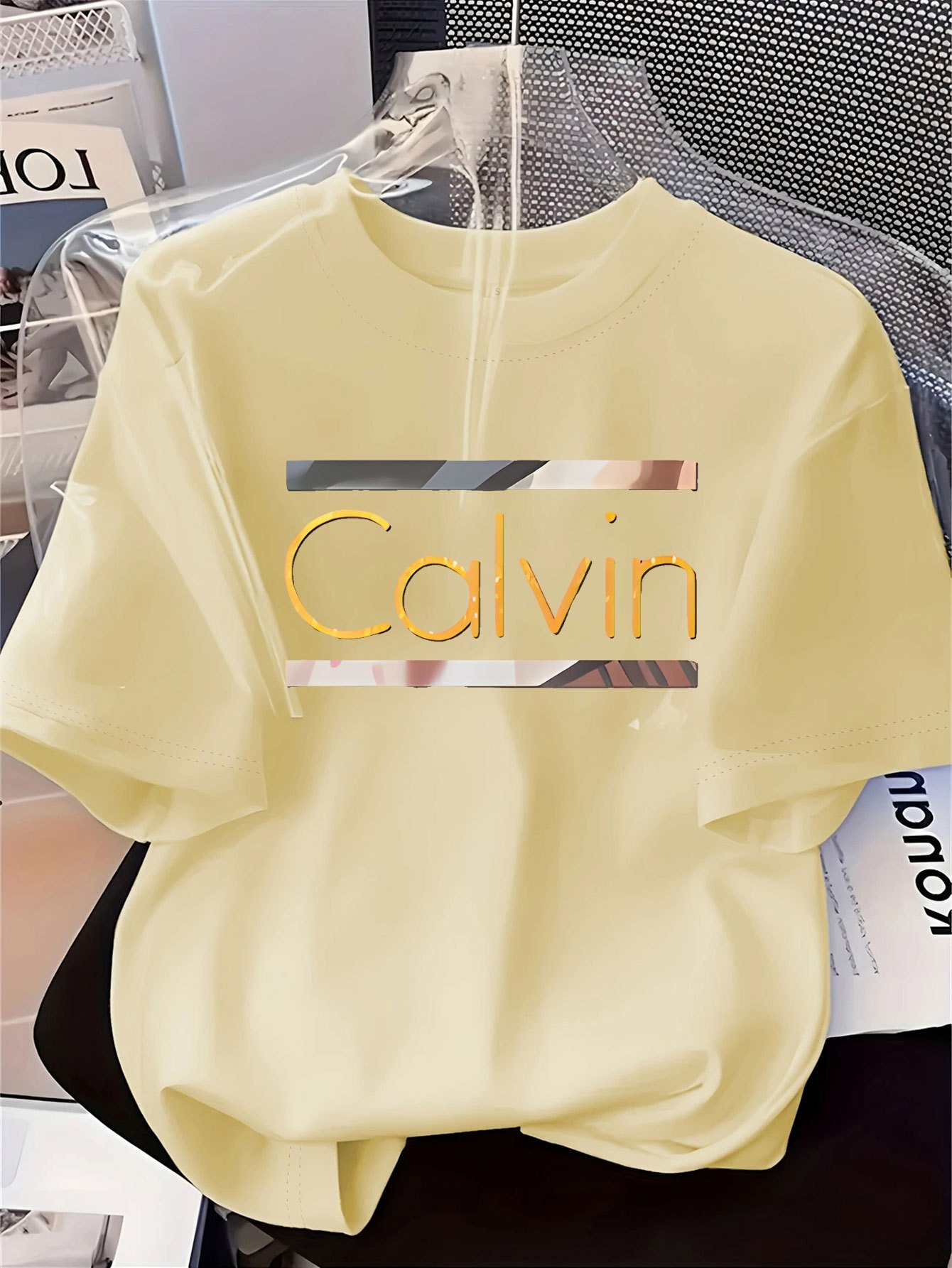 Women's Elegant Round Neck Short-Sleeve T-Shirt - Vibrant Red with White Calvin Monogram Print, Soft Fabric, Casual Versatile Top for Spring & Summer, Machine Washable, Casual Attire, Stylish Letter Print, Comfortable Fit