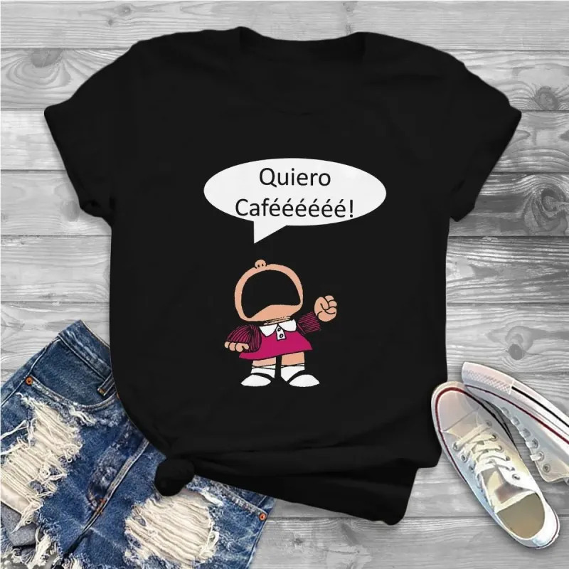 

Coffeecoffee Sweet! Women' T-shirt With Cartoon - Casual Style, 100% Cotton, Short Sleeve, Round Neck, Machine Washable - Casual Attire, Coffee Tshirt