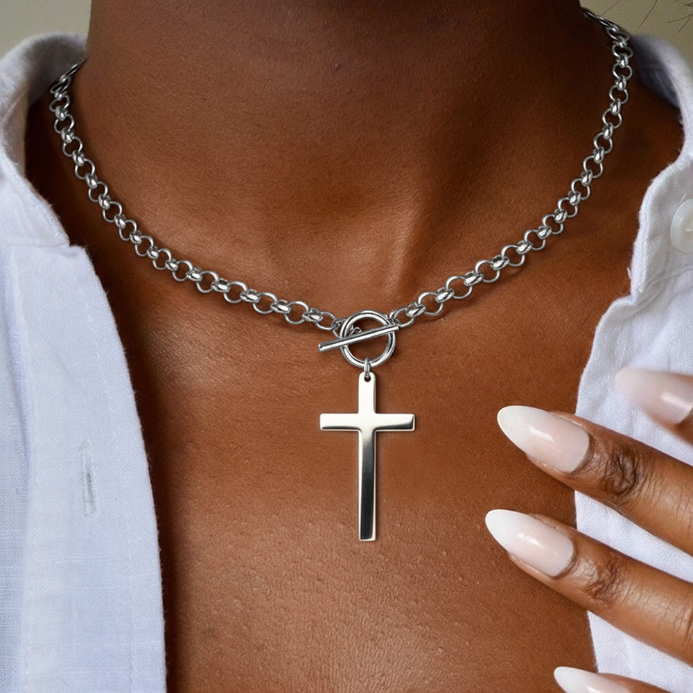Image of A Golden, Oversized Cross Stainless Steel Necklace With An Ot Clasp And Vintage Chunky Chain, Perfect For Trendy Daily Outfits For Men And Women