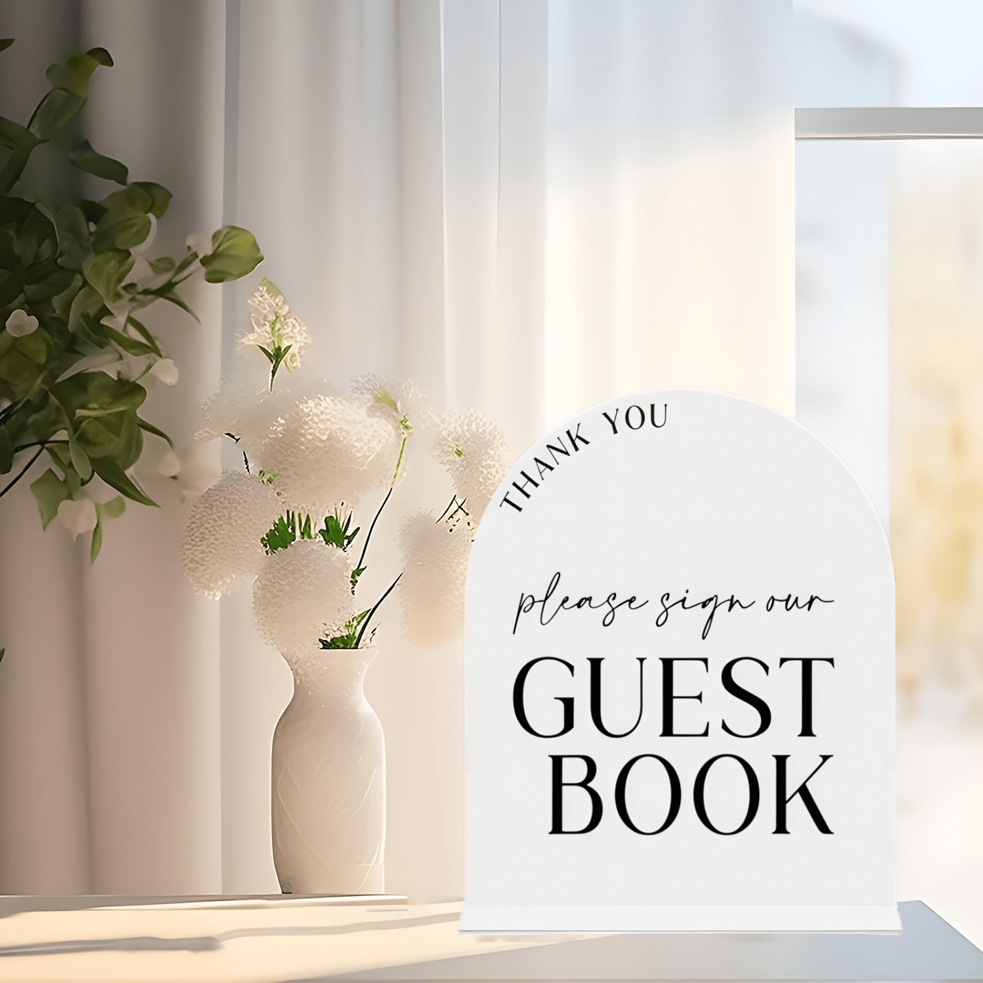 TEMU 2d Flat Printing, Elegant White Arched Guest Book Sign With Black Stand - Polymer Wedding And Event Table Decor, Modern Calligraphy Design For