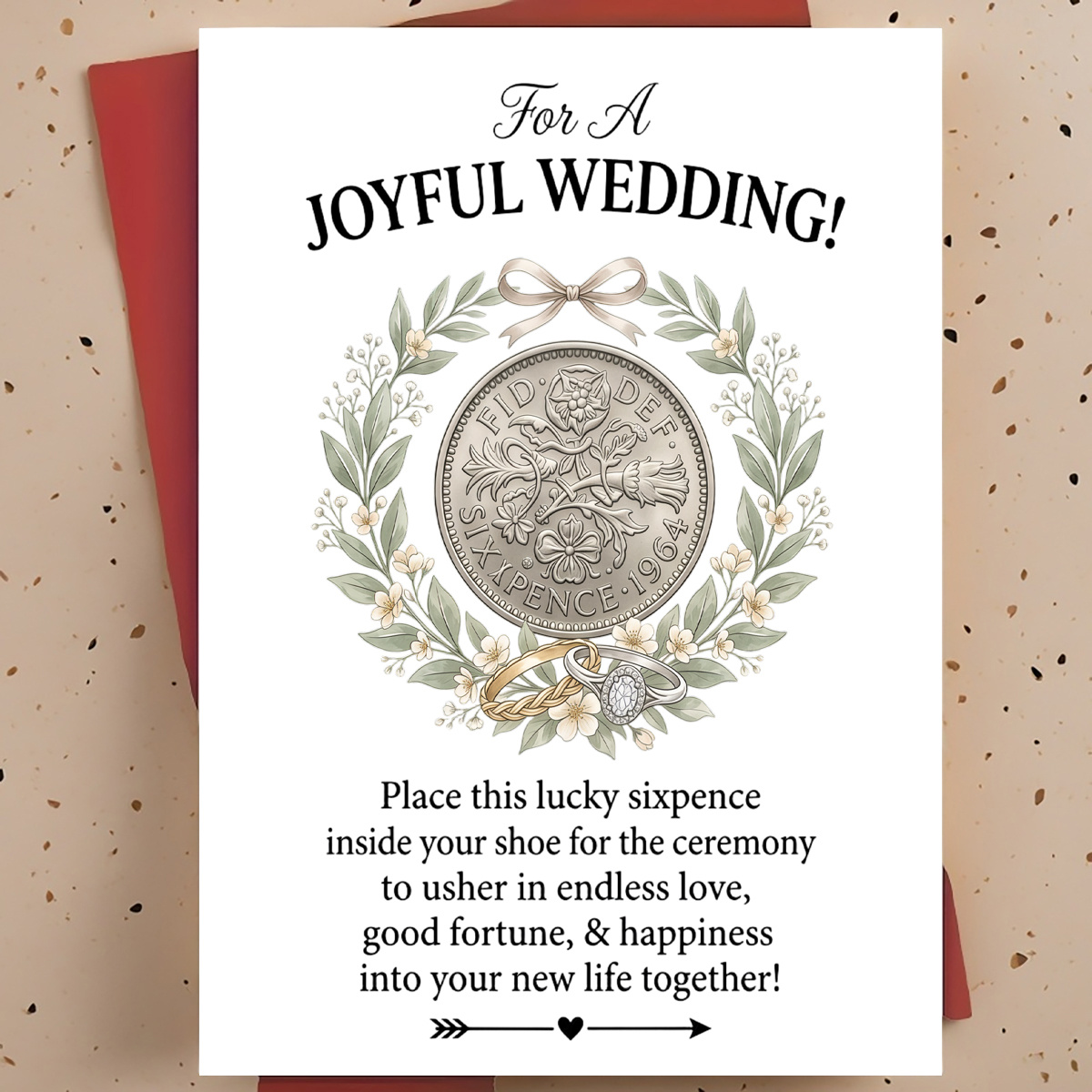 TEMU 1pc Wedding Greeting , Newlywed Couple – Floral Wreath Sixpence Coin Wedding Rings Hand-drawn Illustration, Card, With Envelope