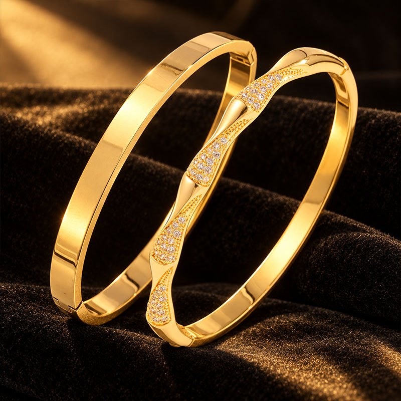 2pc Women's Elegant Twisted Copper & Stainless Steel Bracelet Set