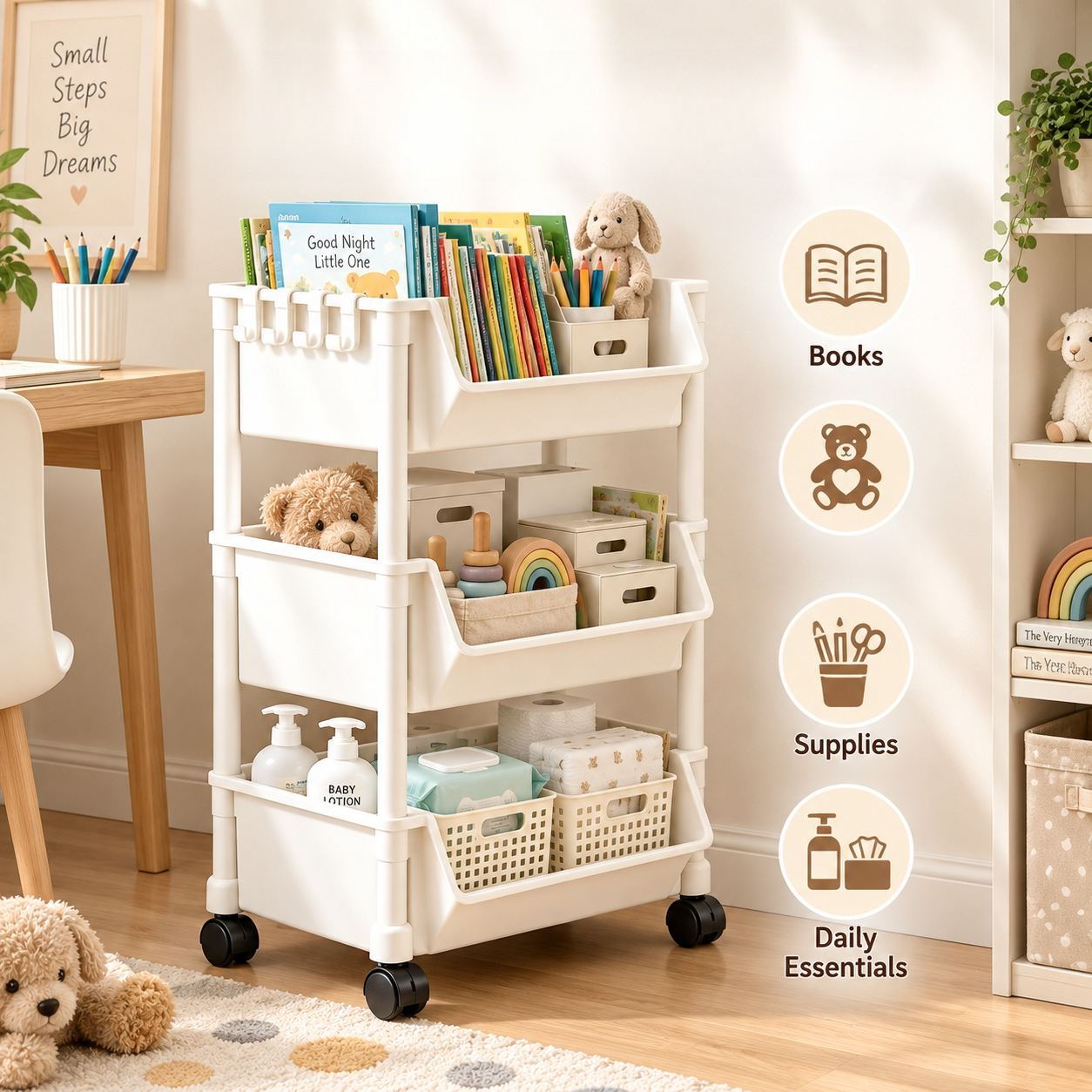 TEMU 1pc 3-tier Rolling Storage Rack With Tiered Design, Large Capacity, Easy And Storage, Wheeled For , Universal For Living Room, Bedroom, Study,