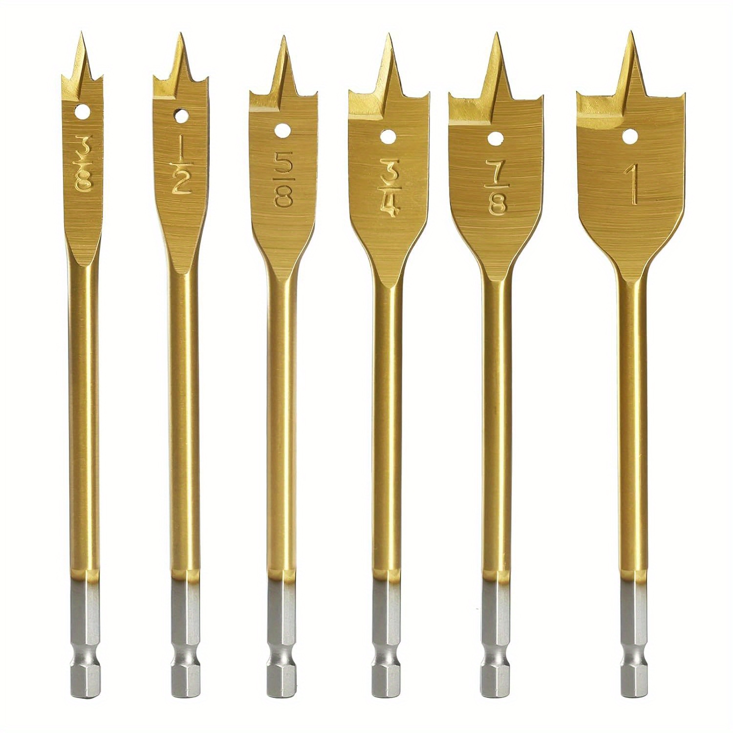 TEMU Spade Drill Bit Set- Paddle Flat Bits, Hole Cutter, Coating, Carbon Steel, Woodworking, 6pcs, 3/8"-1"