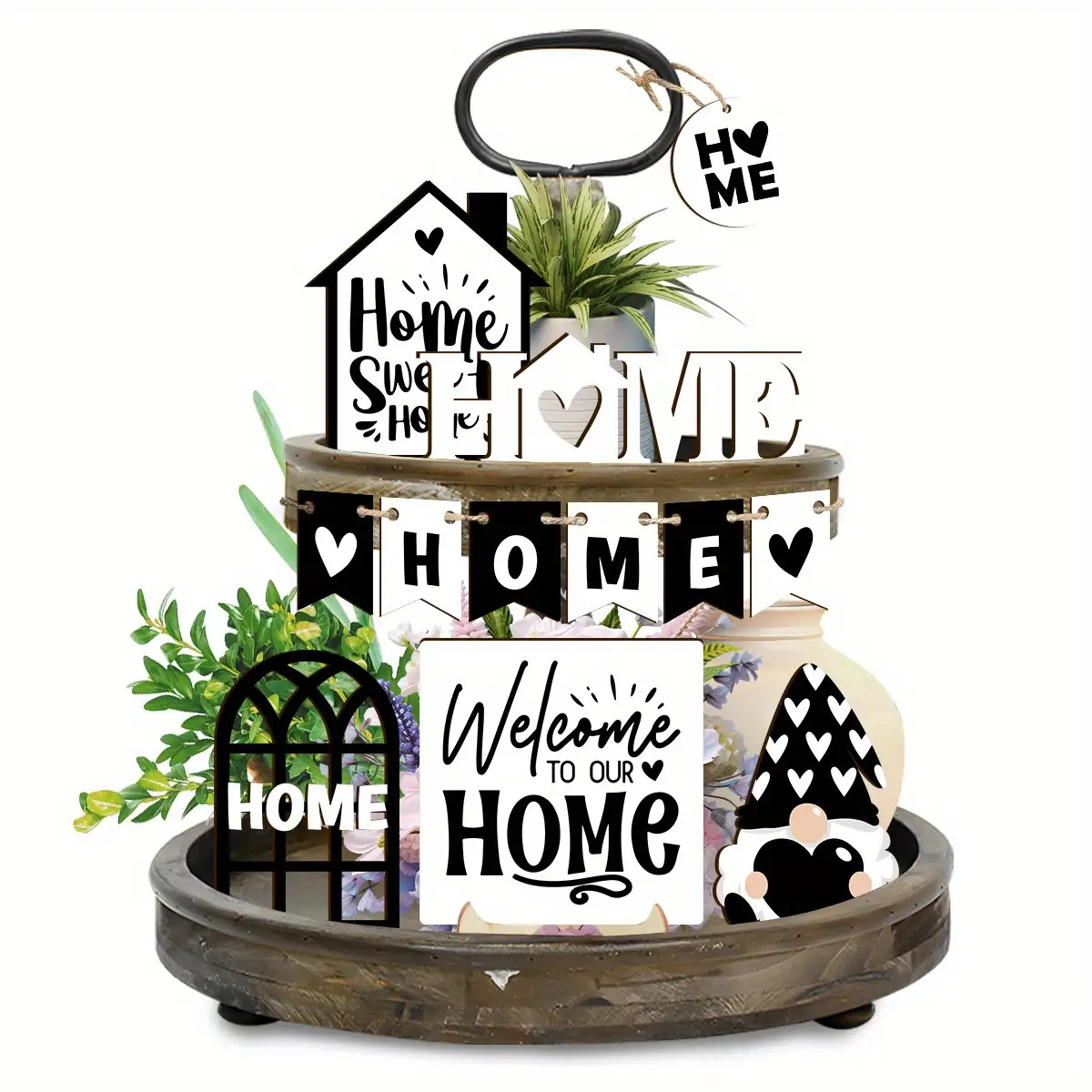 TEMU Country Style Gnome And Home Welcome Sign Set – Wooden Desktop Layered Tray Decoration, Suitable For Christmas, Thanksgiving, Birthdays| Classic