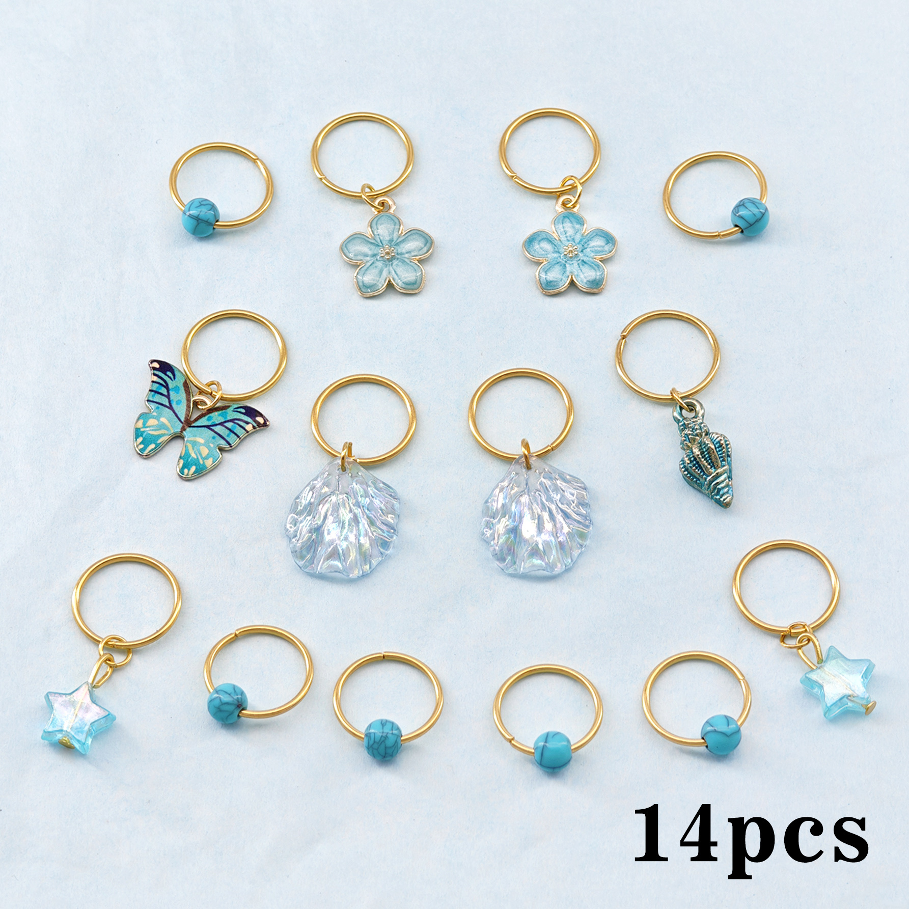TEMU 14 pezzi Anelli per Capelli con Conchiglia Blu, , Verde & Conchiglia - Polsini Regolabili, Gioielli per Capelli Boho per Donne e Dreadlocks e