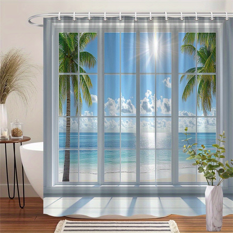 TEMU 1pc Tropical Shower Curtain - Beach Scene With White-framed Window, Calm Turquoise Ocean & Design, 70.86x70.86 Inch Machine-washable Polyester