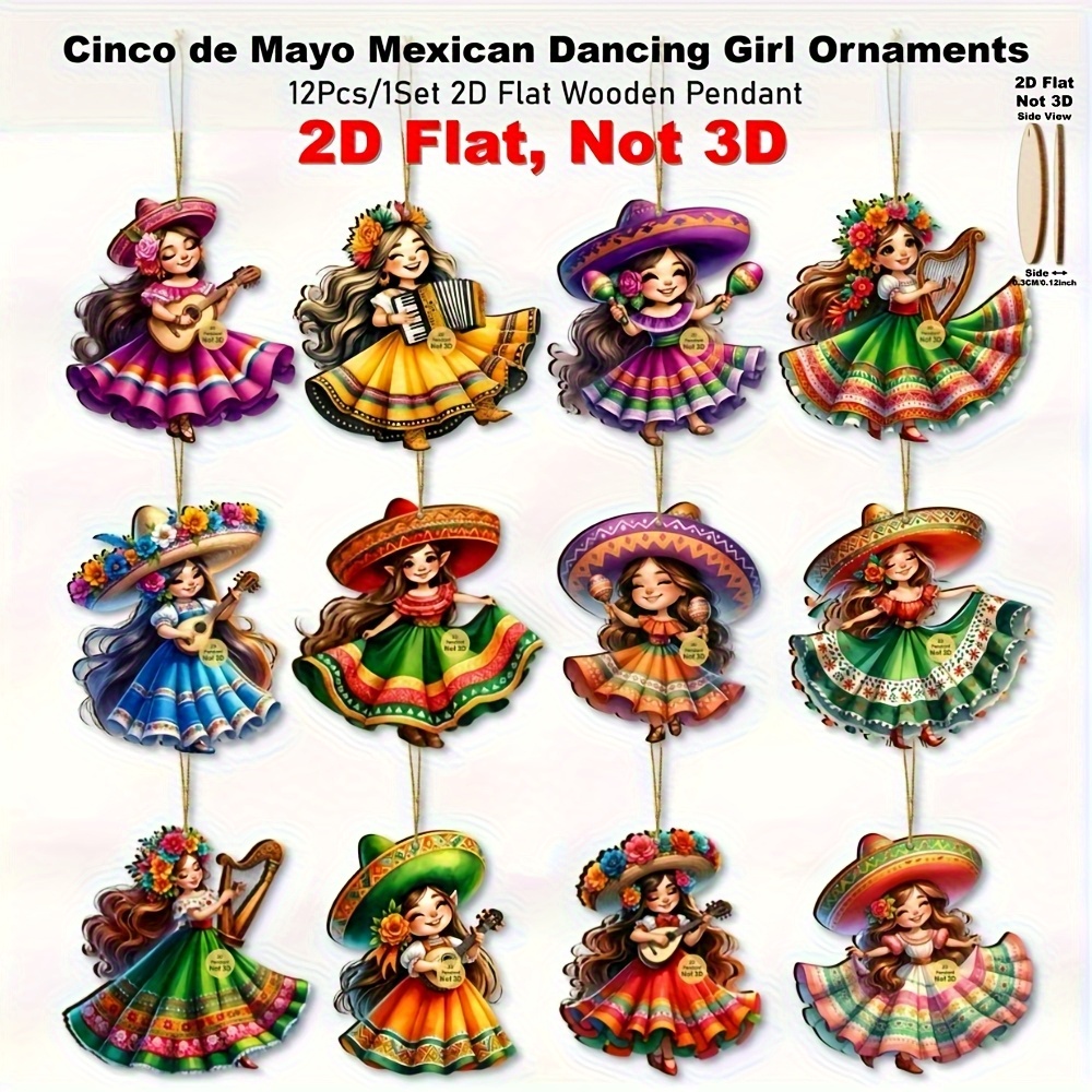 TEMU 2d Flat, 12pcs De Mayo Mexican Dancer Wooden Ornaments - Festive Hanging Decorations, Holiday Gift Tags, And Room/mantlepiece Additions