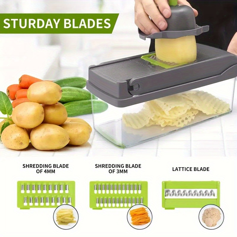   16pcs manual vegetable slicer set multi function chopper slicer grater with adjustable blades extra large basket no electricity needed kitchen prep tool details 10