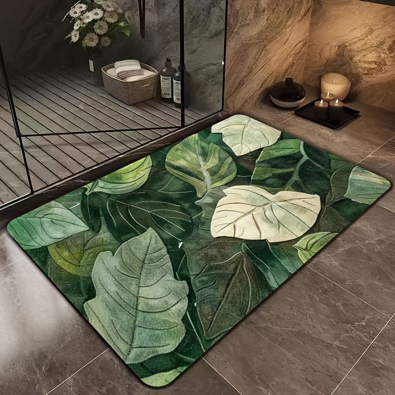 TEMU 2d Flat, 1pc Kafulam Non-slip Bath Mat Suitable For Bathroom, Kitchen, Entryway - Soft Moisture-absorbent With Green Leaf Pattern, Backing,