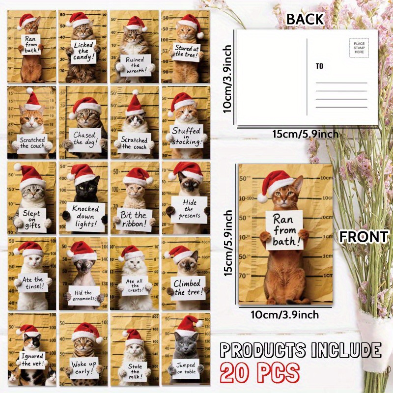 TEMU [christmas Edition]20 Postcards Featuring Cats In Christmas Hats Holding Signs, A Unique Everyday Gift For , Perfect For Congratulations,