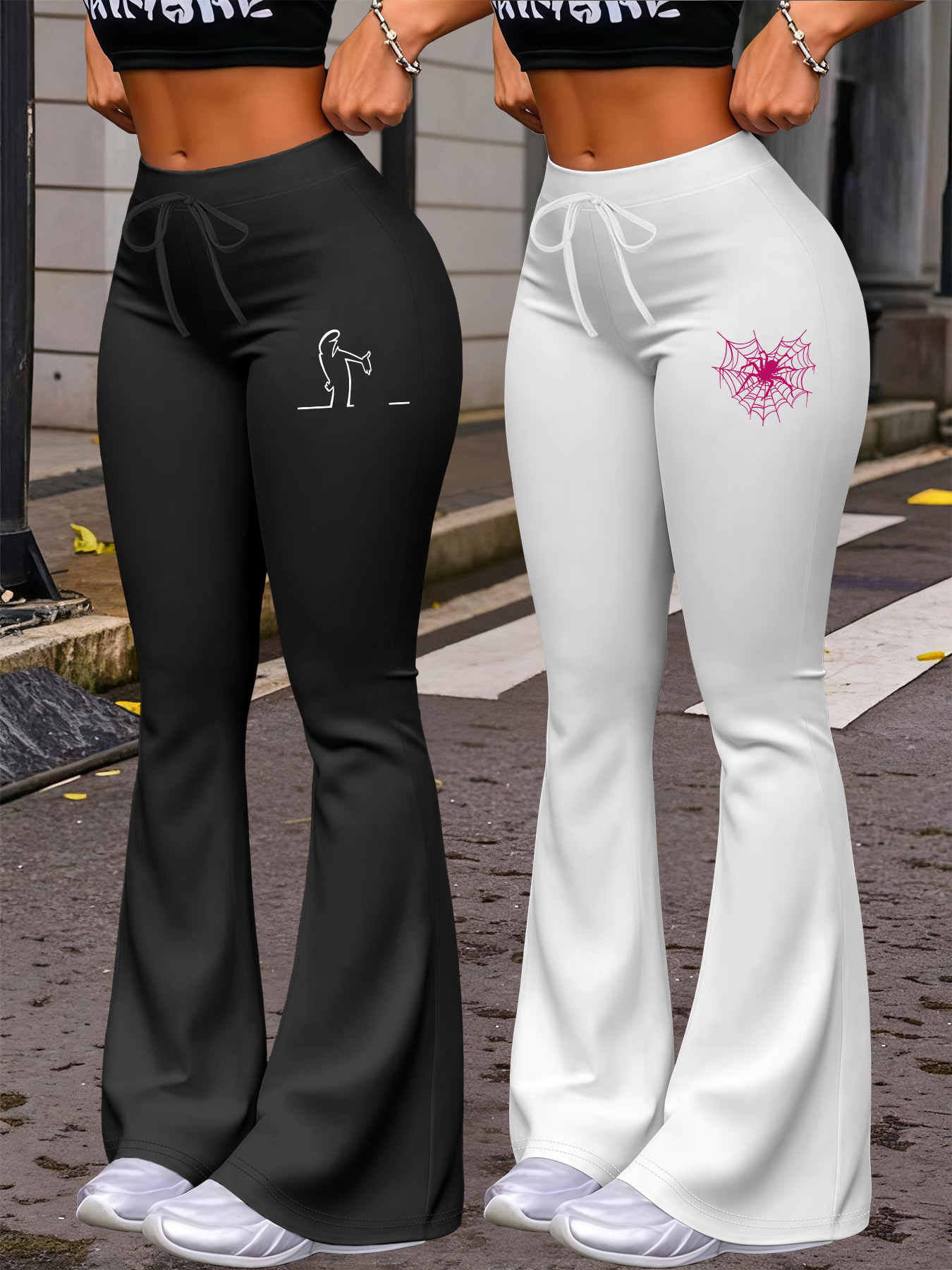 New Autumn Women's Clothing from Europe and America, Featuring Cartoon Line Art Animal and Spider Web Print Patterns, for Daily Casual Wear. Includes Two Pairs of Comfortable, Slim-Fit, Stretchy Fiber Fabric Straight-Leg Tapered Pants with Drawstring