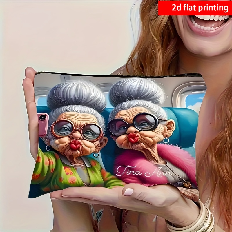 TEMU 1pc Granny Selfie Print Travel Makeup Bag - Durable Zippered Toiletry Suitable For Gym, Camping & Business Trips, Machine Washable Portable