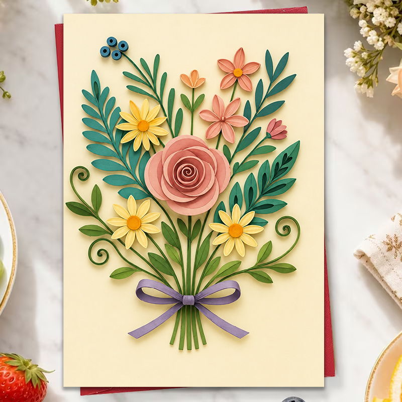 TEMU 1pc Bouquet Greeting Card, Blue Flowers And Green Leaves 3d Paper Art Design, Suitable For Birthday Thanksgiving Mother's Day And Daily Gift,