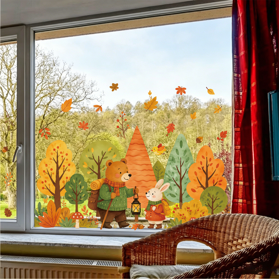 TEMU 1pc Of Autumn Forest Animal Static Cling Window Decal, Cartoon Bear And Rabbit Hiking Decoration, Pvc Appliqué, Suitable For Home Kitchen And