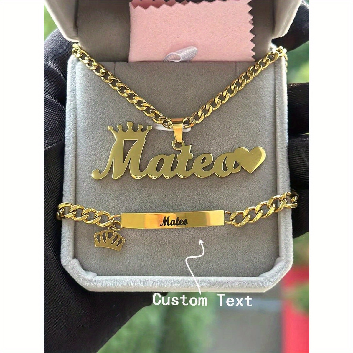 TEMU 2pcs Custom Engraved Name Jewelry Set, Stainless Steel Crown Name Pendant Necklace Bracelet Set, Personalized Gift For Boys And Girls, Fashion