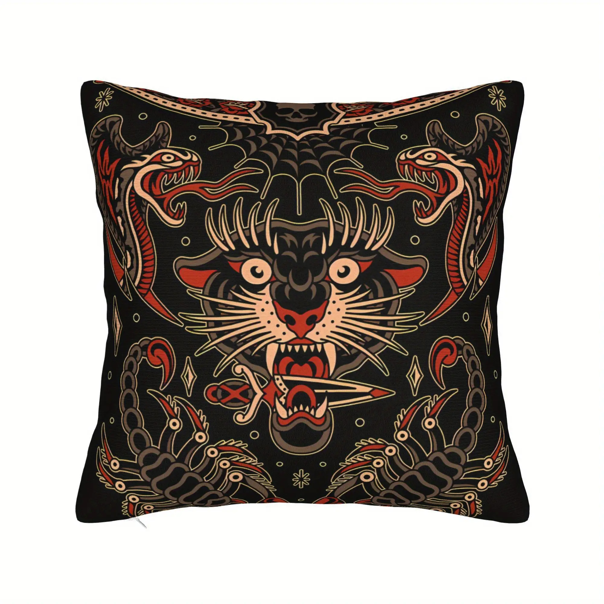 TEMU 1 pièce, Taie d'oreiller à motif de tatouage vintage - Art tigre et féroces, Rouge/Noir/Blanc/Doré sur fond , Lavable en machine avec fermeture