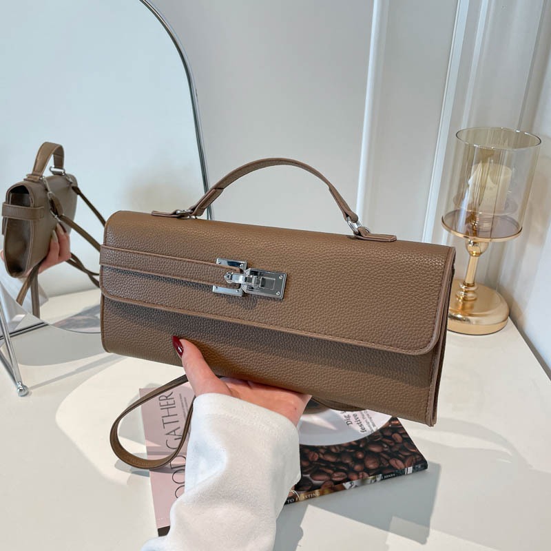 Vintage Grain Leather Lock Rectangular Handbag Ladies Fashion Shoulder Crossbody Bag_voghion.com