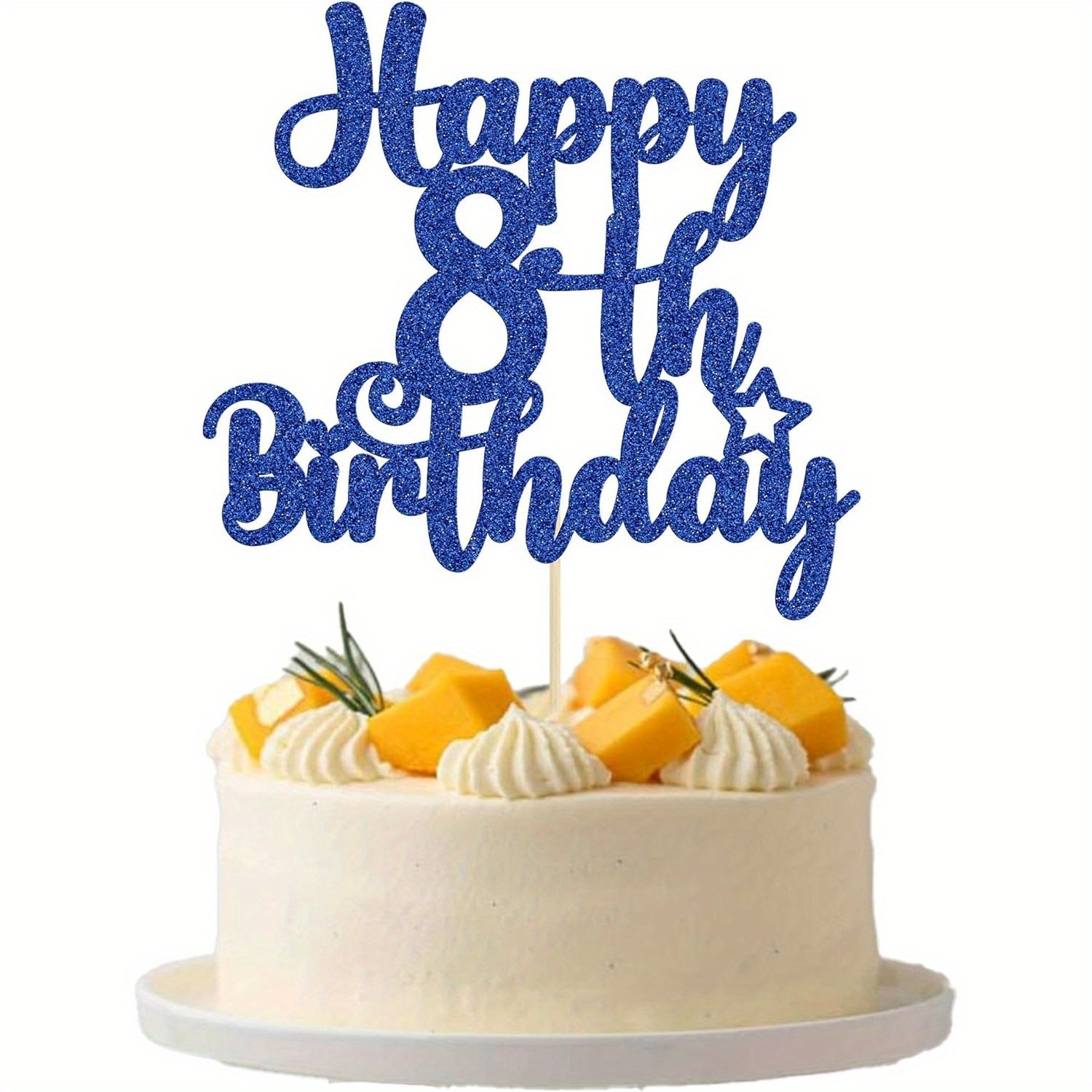1pc Happy 8th Birthday Cake Topper - Glitter '8 & Awesome' - 'cheers To 8 Years' - 8th Birthday Cake Pick For Kids Birthday Party - Cake Decorations Supplies (blue)