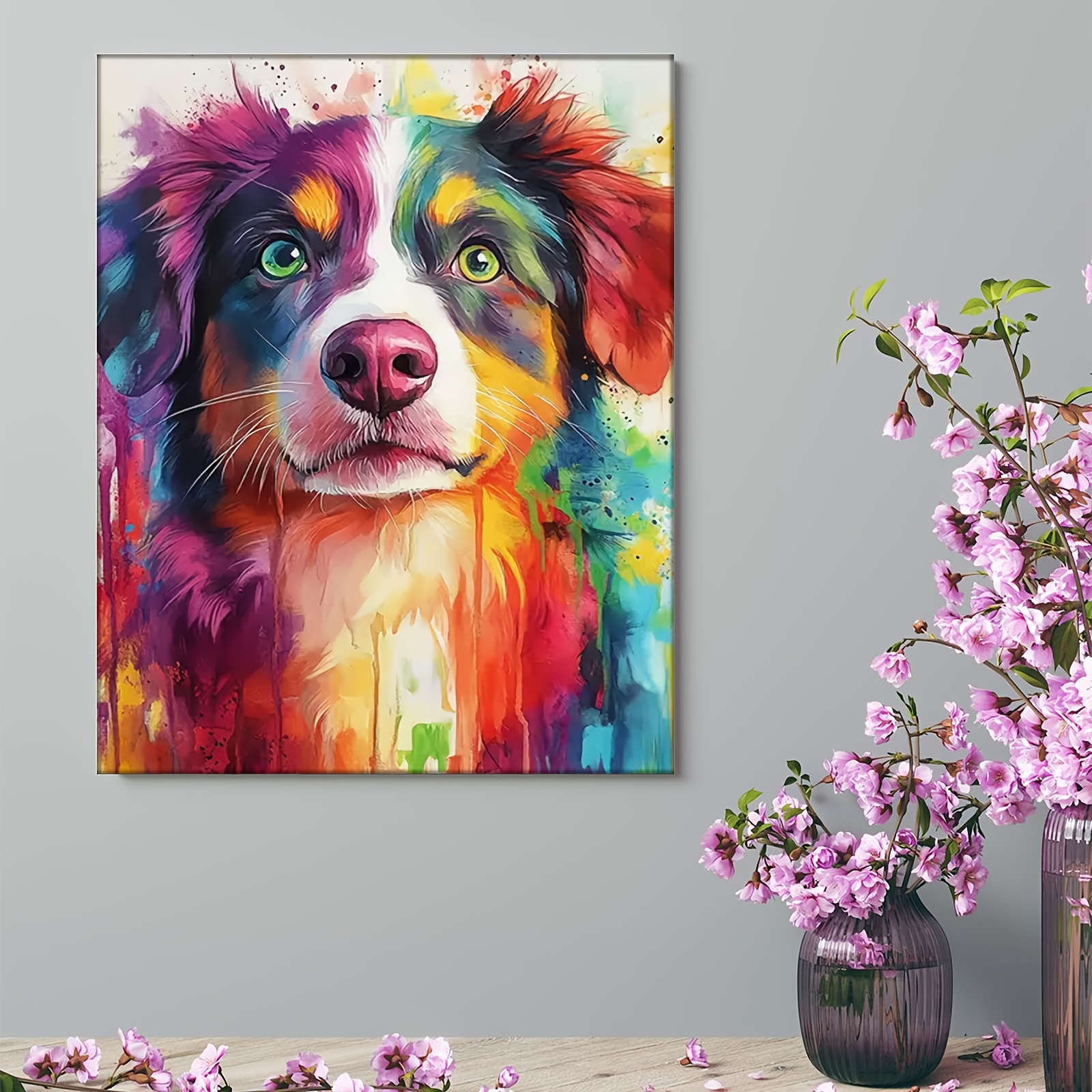 TEMU 2dflat, [dog Portrait Canvas Print] Customizable Vibrant Dog Portrait Canvas Print- Pine Wood Frame, Colorful Wall Art For Living Room, Bedroom,