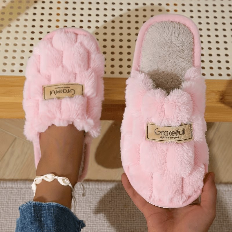 TEMU Women's Autumn & Winter Lined Slide Slippers, Thick Plush Lining Warm Slippers, Vintage Label For Outdoor Wear, Thick Sole For Indoor Use,