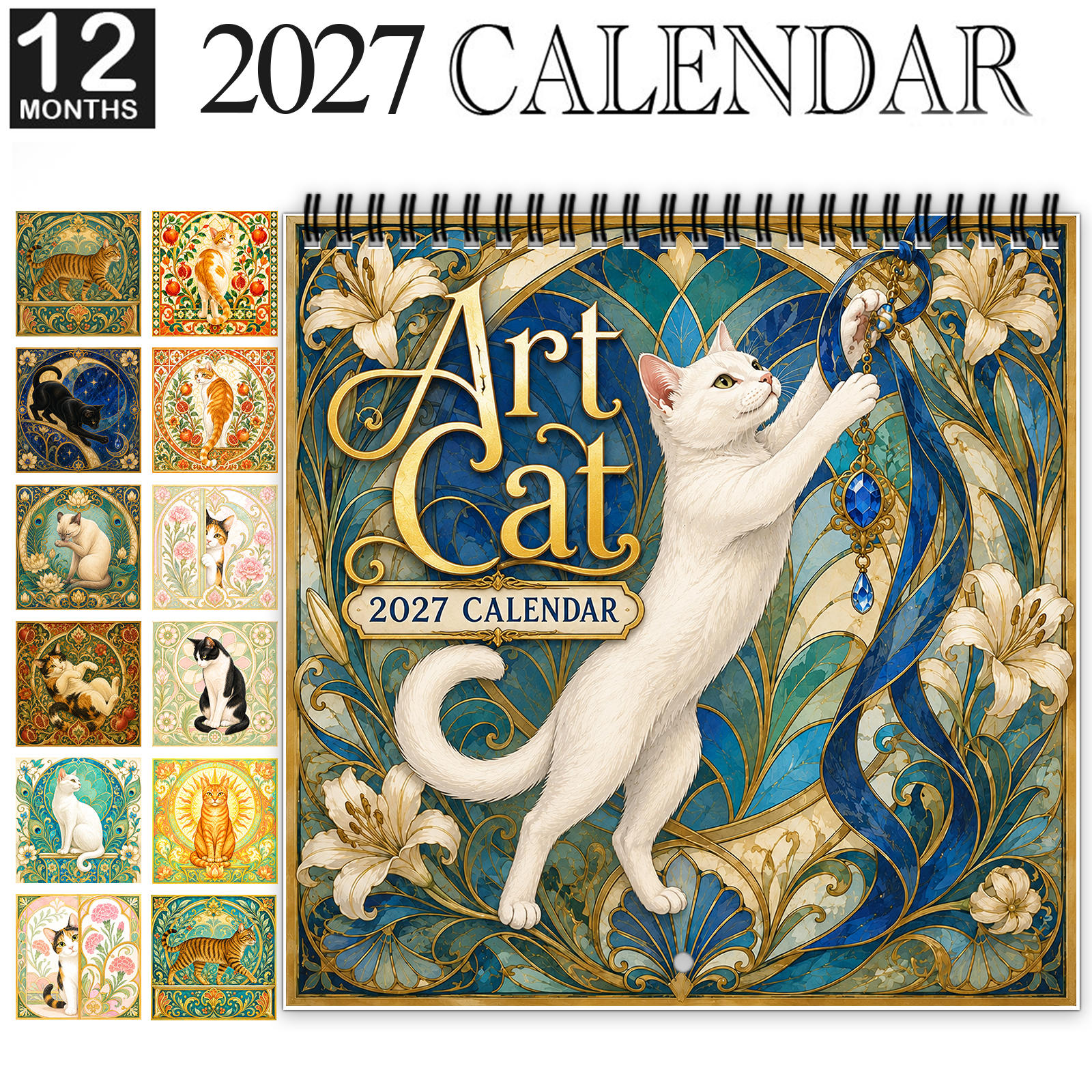 TEMU 1pc 2027 Art Cat Wall Calendar, Spiral-bound 12-month Calendar With Large Date Blocks, Features Elegant Cats In Vintage -inspired Floral