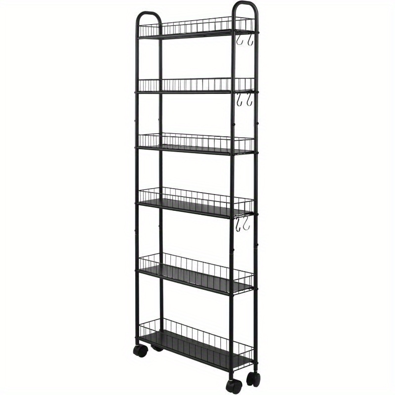 TEMU A Slim, Six-tiered Storage Cart On Wheels, Designed For Utility And Mobility, Perfect For Organizing Spaces Or Bathroom. In Black, With Dimensions Ranging From 6 To 10 Inches