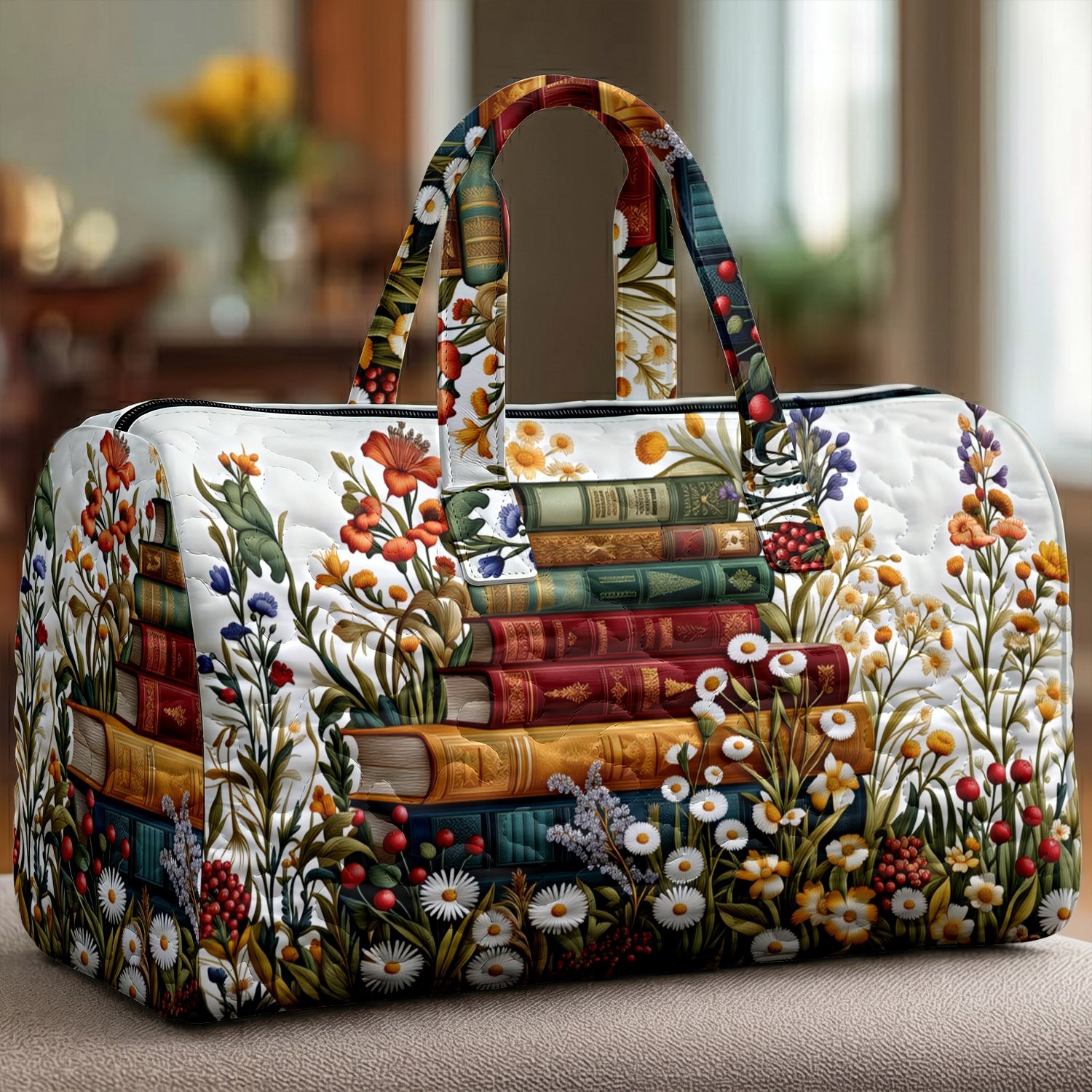 Image of Polyester Quilted Travel Tote Bag, Portable Large Capacity Foldable, Vintage Books And Whimsical Floral Patterns, Perfect For Outdoor Travel And