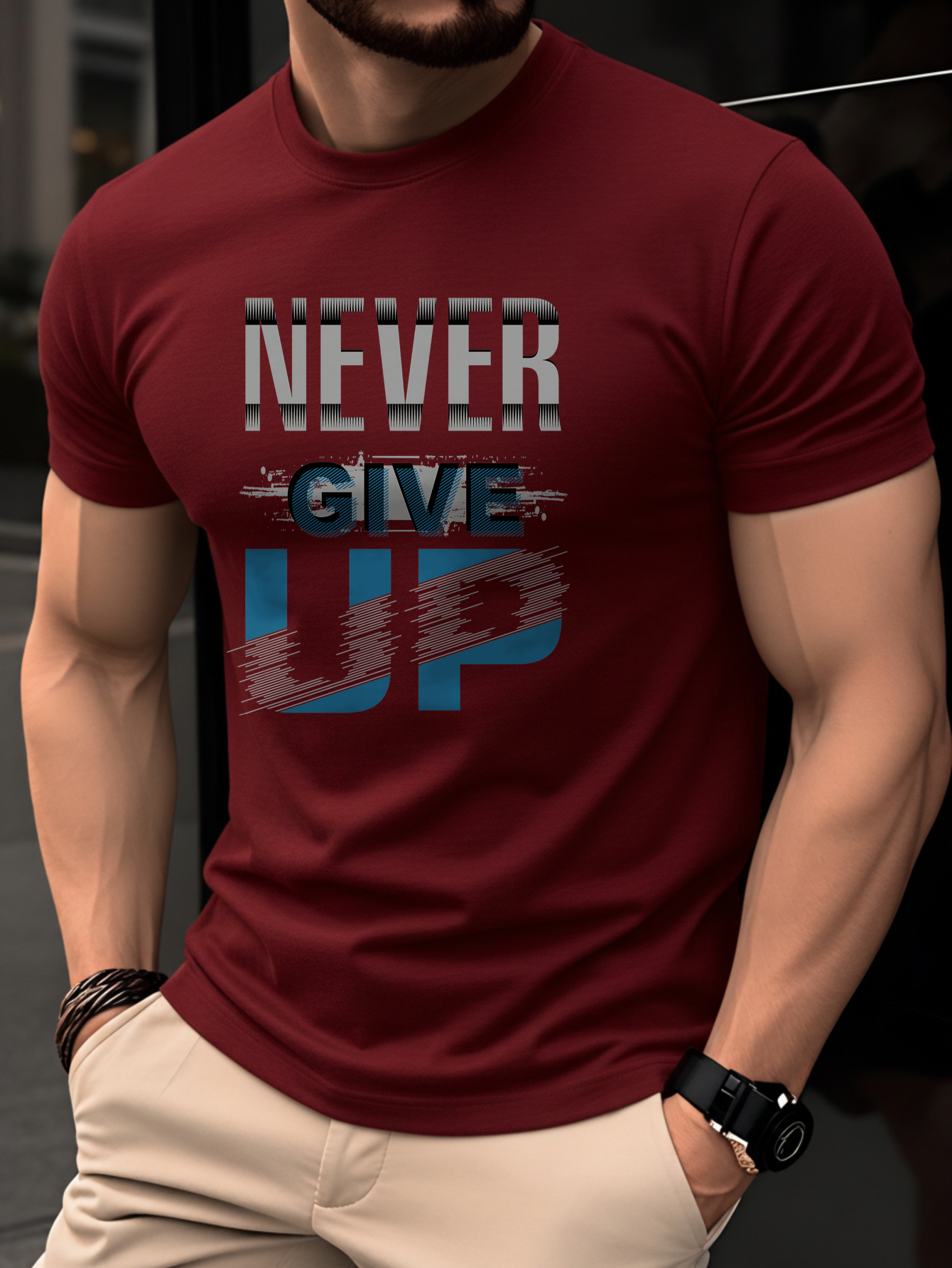100% Cotton Men's T-Shirt, Summer Short Sleeve Thin Top, Trendy Fashion Slim Fit Youth Casual Versatile Daily Commute Sports Fitness NEVER GIVE UP English Print Letter Pattern
