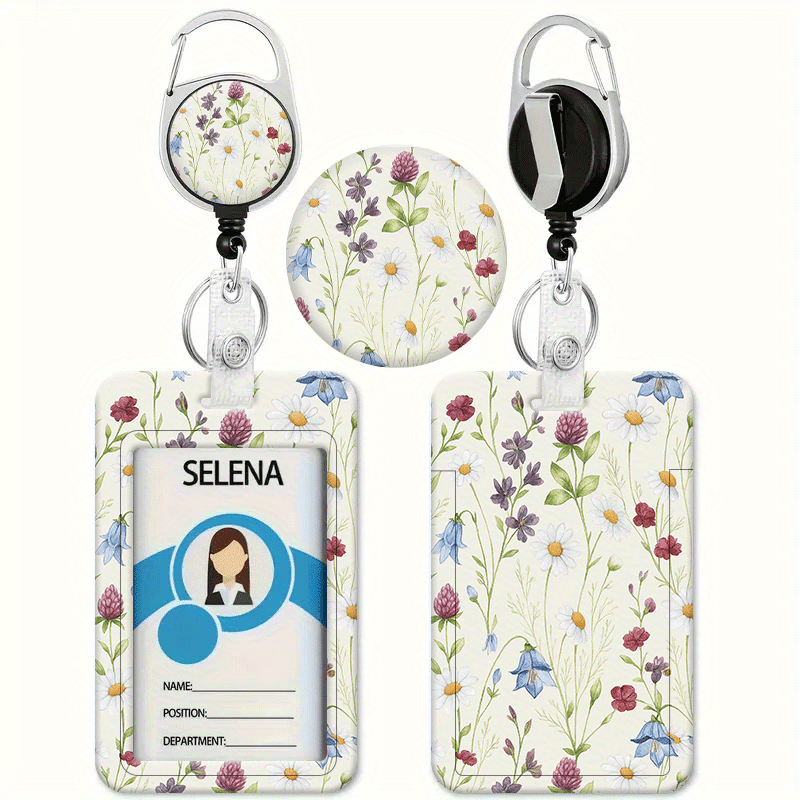 TEMU Pastoral Style Print Card Holder With White Background And Blue, Purple, Red Flowers - Retractable Clip Badge Lanyard - Id And Credit Card