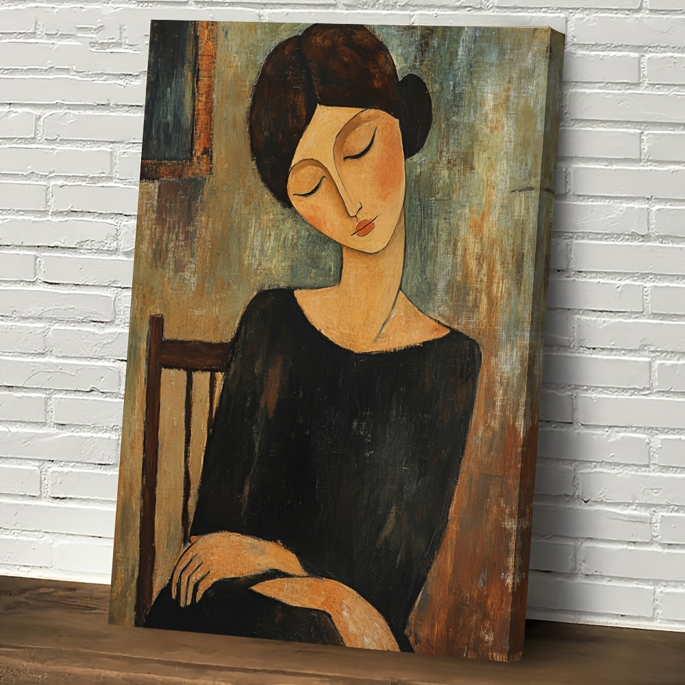 TEMU 2d Flat, 1pc Modigliani Women Portrait Framed Canvas Wall Art - Minimalist Solid Wood Frame Retro/art Deco Suitable For Living Room & Office