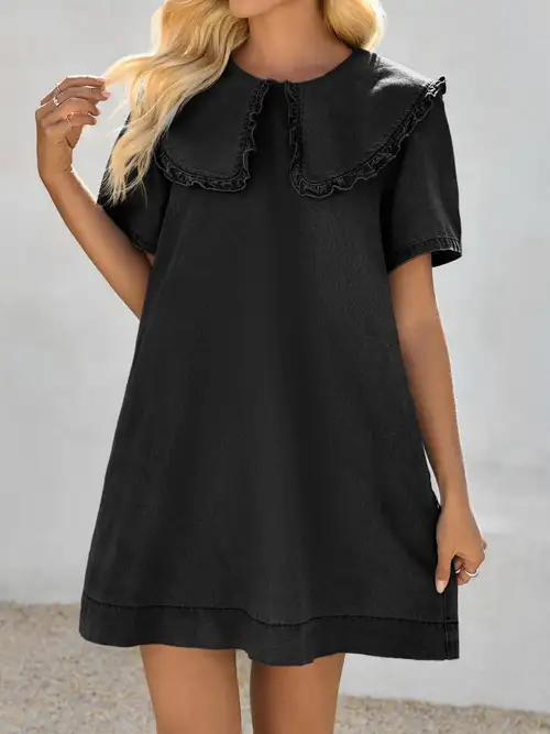 women solid denim babydoll dress -up deep v neck puff sleeve short swing dress - women's clothing - Temu women solid denim babydoll dress -up deep v neck puff sleeve short swing dress - women's clothing - Temu