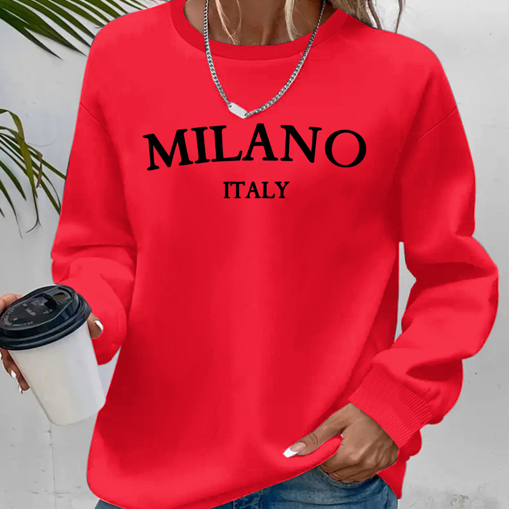 

1pc Women's Casual Crew Neck Pullover Sweatshirt With Italy Letter Print, Polyester Knit Fabric With Stretch, Fashion Padded Sports Sweatshirt For Spring/fall - Adult