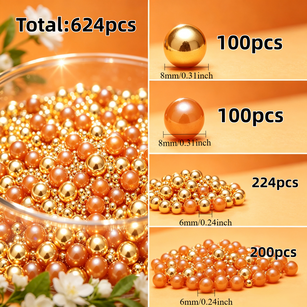 TEMU 624pcs Perles Orange et Dorées, Garniture de Vase, Décoration Intérieure, Ornement de Noël, Cadeau de Mariage, Décoration de Pièce, Décoration