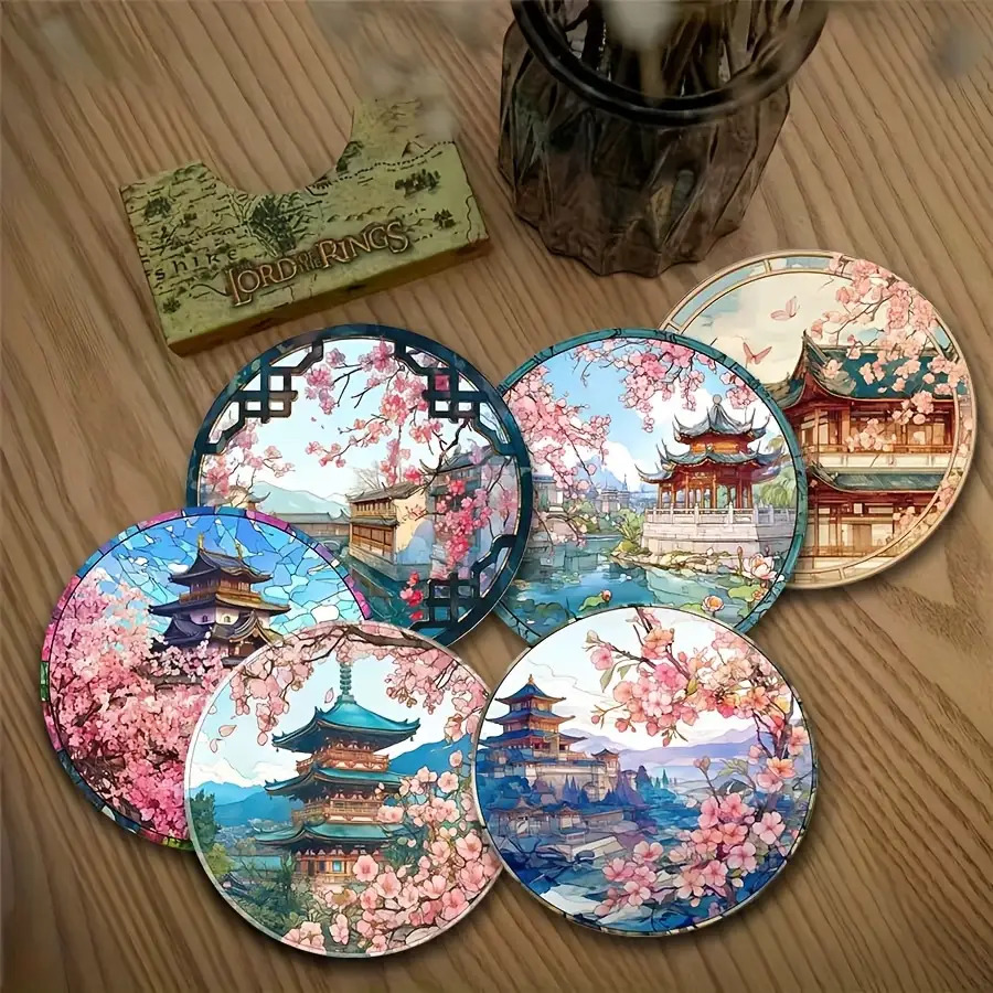 E-shop 6er-Set Japanische Sakura und Landschaft Wahrzeichen Holz Untersetzer - für Tee, Kaffee und Getränke - Wohnzimmer Deko Einweihungsgeschenk für