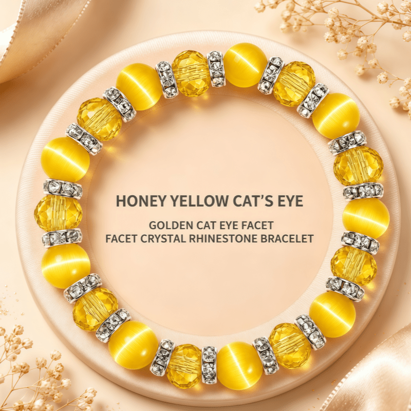 TEMU Bracelet extensible en cire de miel et œil de chat doré, avec des perles rondes en œil de chat doré doux associées à des jaune doré à facettes,